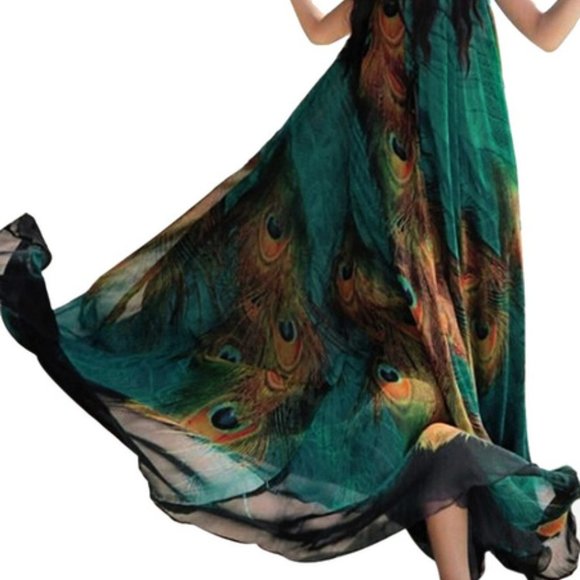 Gracila Bohemian Women Sleeveless O Neck Peacock Printed Maxi Dress Size Medium - Picture 5 of 11